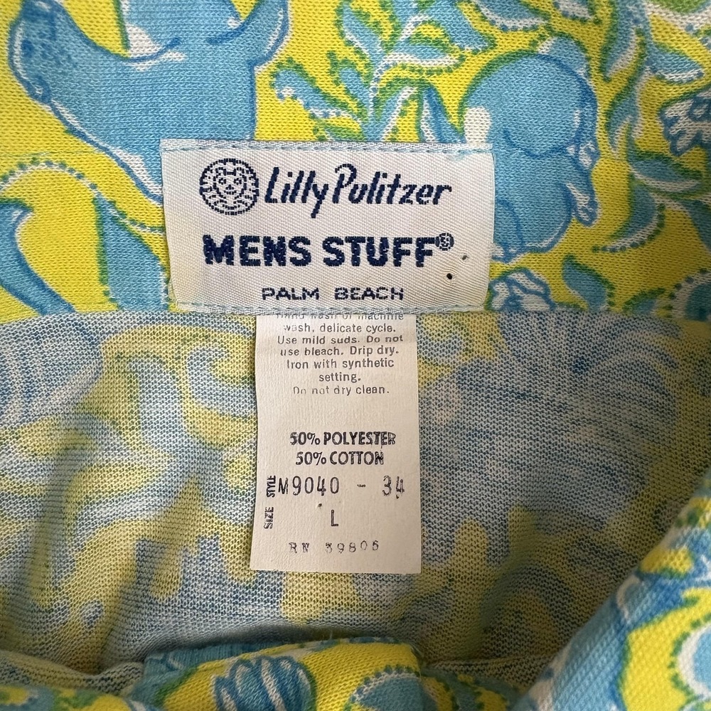 Vintage Lilly Pulitzer Mens Stuff Polo Shirt Mens L Yellow Blue Palm Beach - Picture 3 of 6